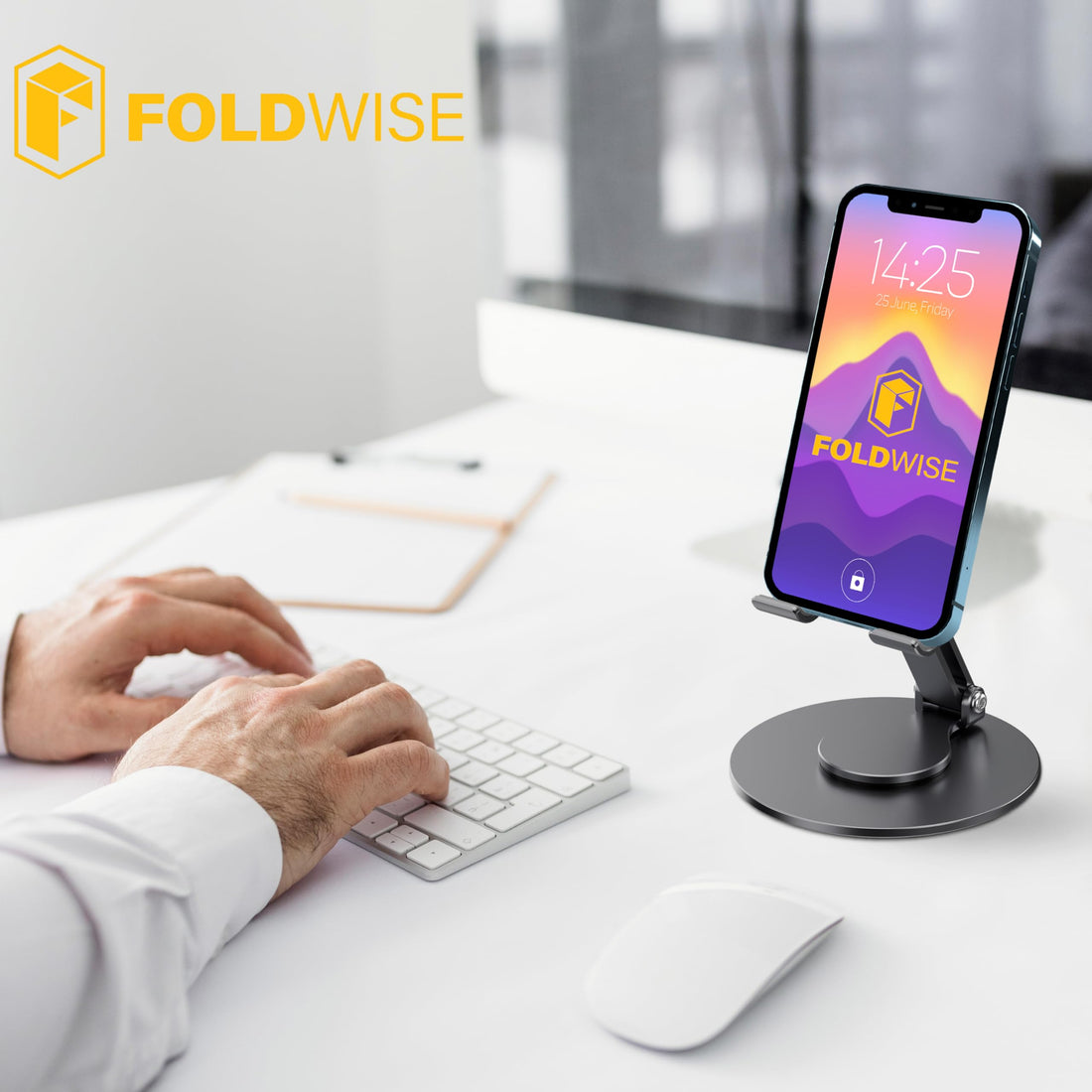 FoldWise foldable aluminium phone stand – gray