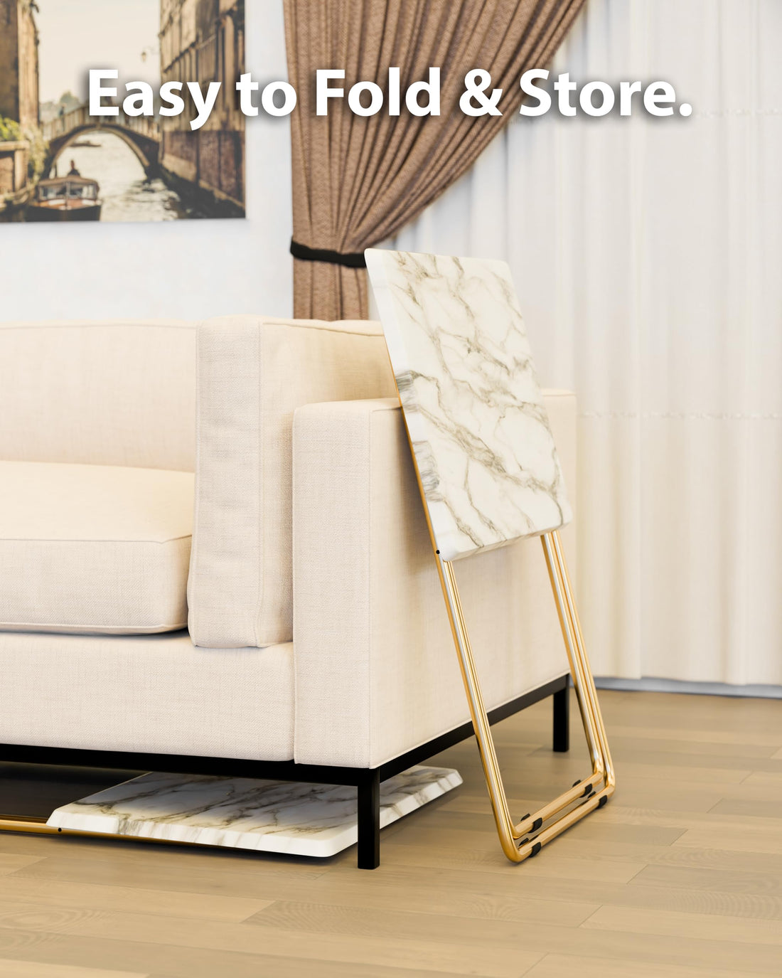 FoldWise marble-effect folding side table – golden(white)