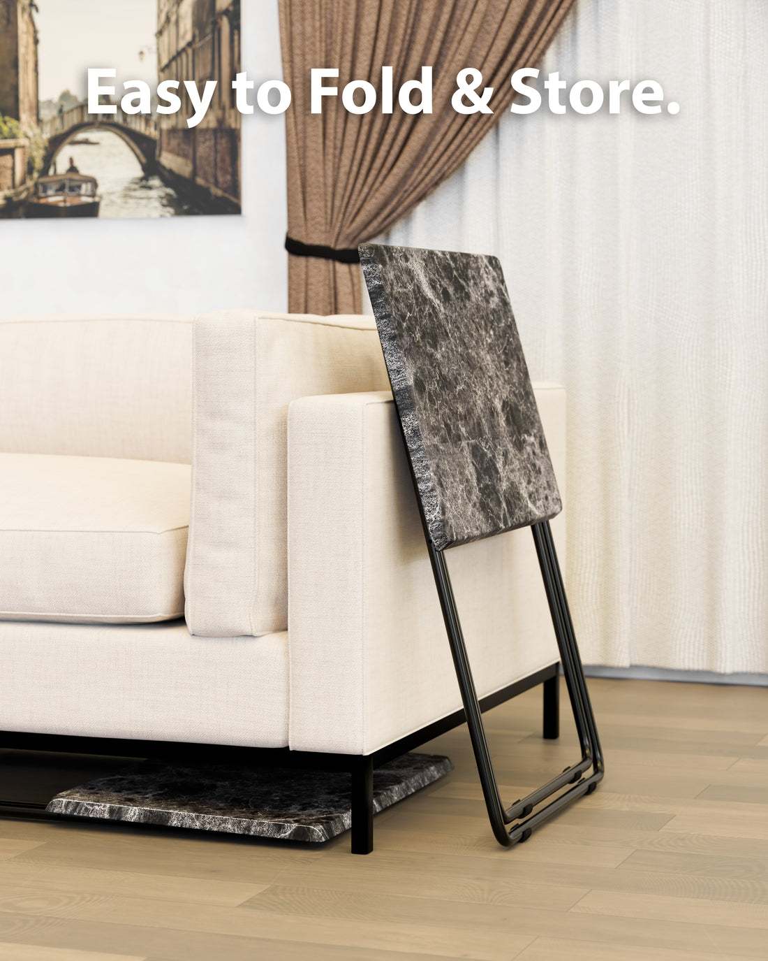 FoldWise marble-effect folding side table – black