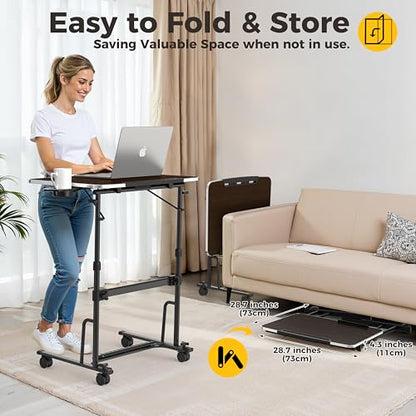FoldWise Foldable Rolling Standing Desk — Height & Angle Adjustable Mobile Workstation with Wheels | Footrest, Cup Holder & iPad Holder | Portable, Sturdy, Space-Saving