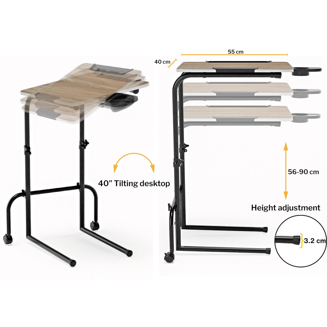 FoldWise wheeled height-adjustable overbed table
