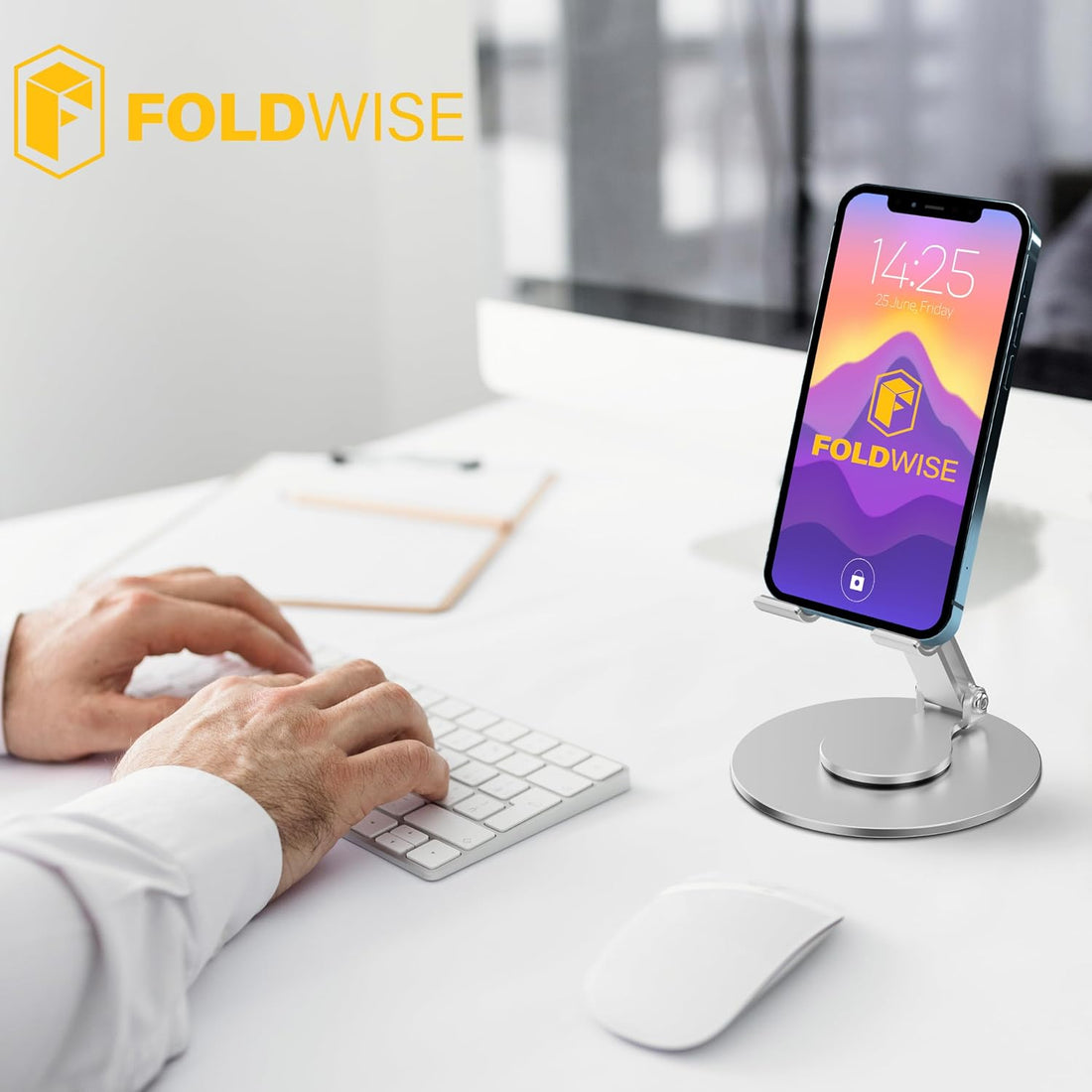 FoldWise foldable aluminium phone stand – silver