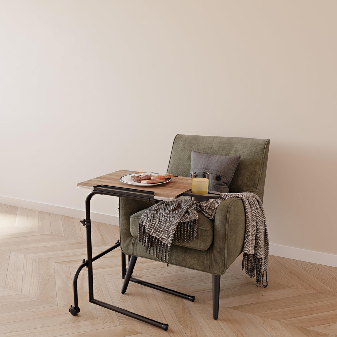 FoldWise wheeled height-adjustable overbed table