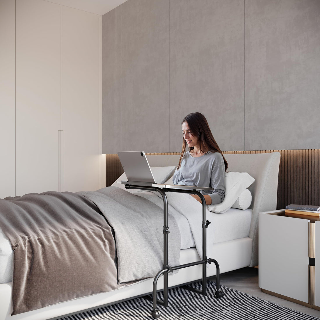 FoldWise wheeled height-adjustable overbed table