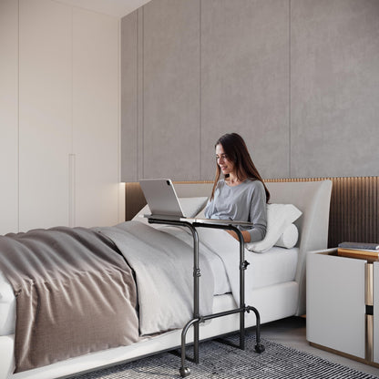 FoldWise Overbed Table Wheeled - Height Adjustable Desk for Bed & Tilting Desktop - Portable Wooden Desk for Optimal Work, Eat & Study with Cup Holder, Tablet Holder & Detachable Edge Stopper Device