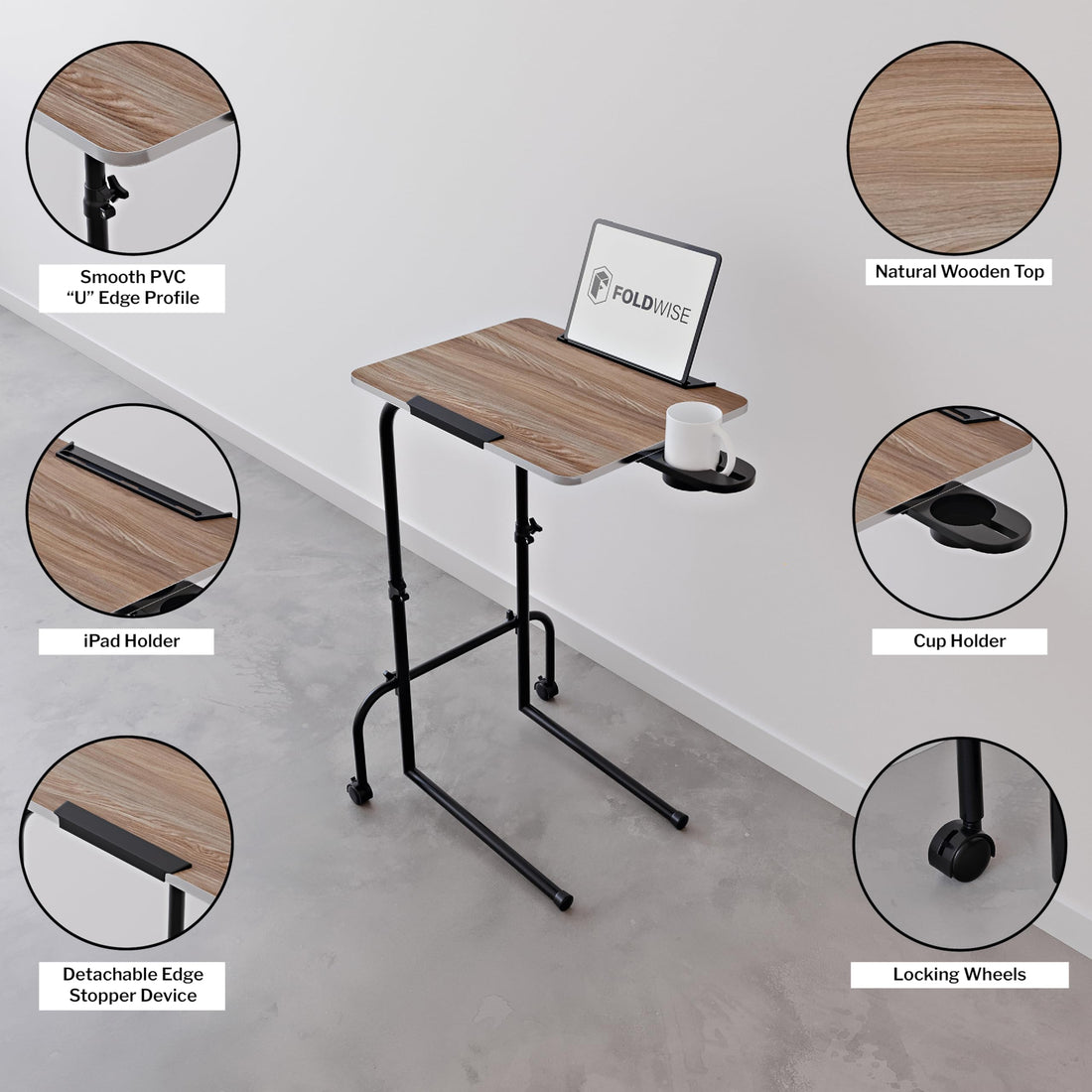 FoldWise wheeled height-adjustable overbed table