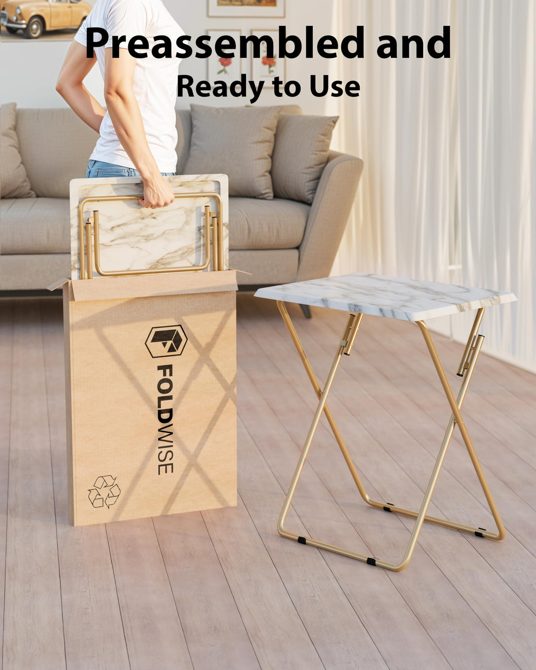 FoldWise marble-effect folding side table – golden(white)
