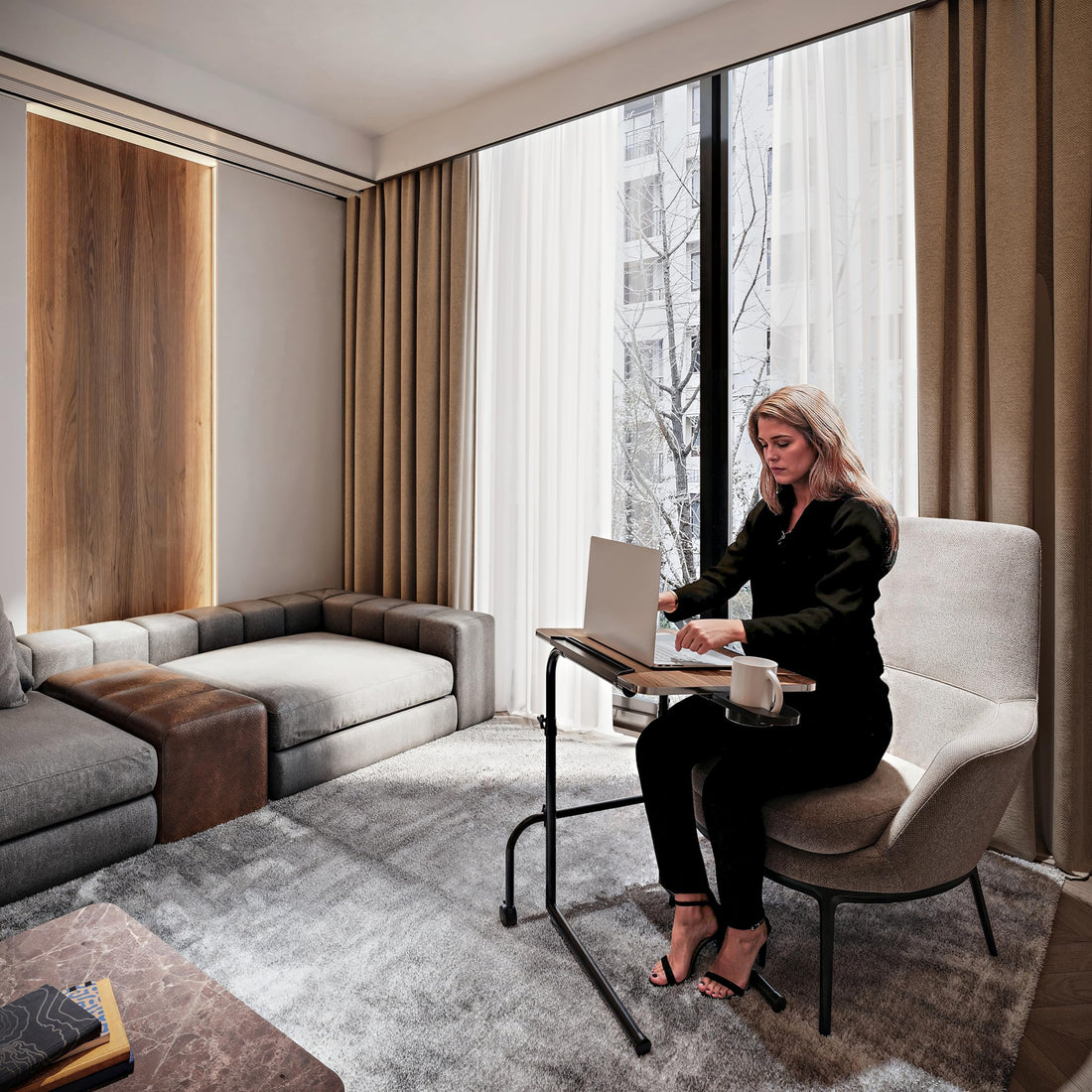 FoldWise wheeled height-adjustable overbed table