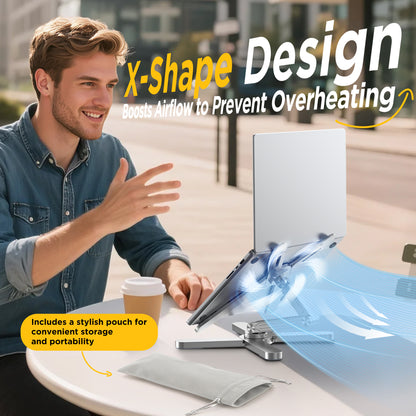 FoldWise X Premium Laptop Stand for Desk — 100% Aluminum, 360° Rotating, Adjustable Height & Angle | Foldable Laptop Riser with Carry Pouch | Fits All 11–18" Laptops & MacBook