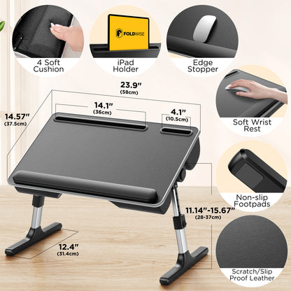 Adjustable height lap desk showing 5 height levels and 35 degree tilt