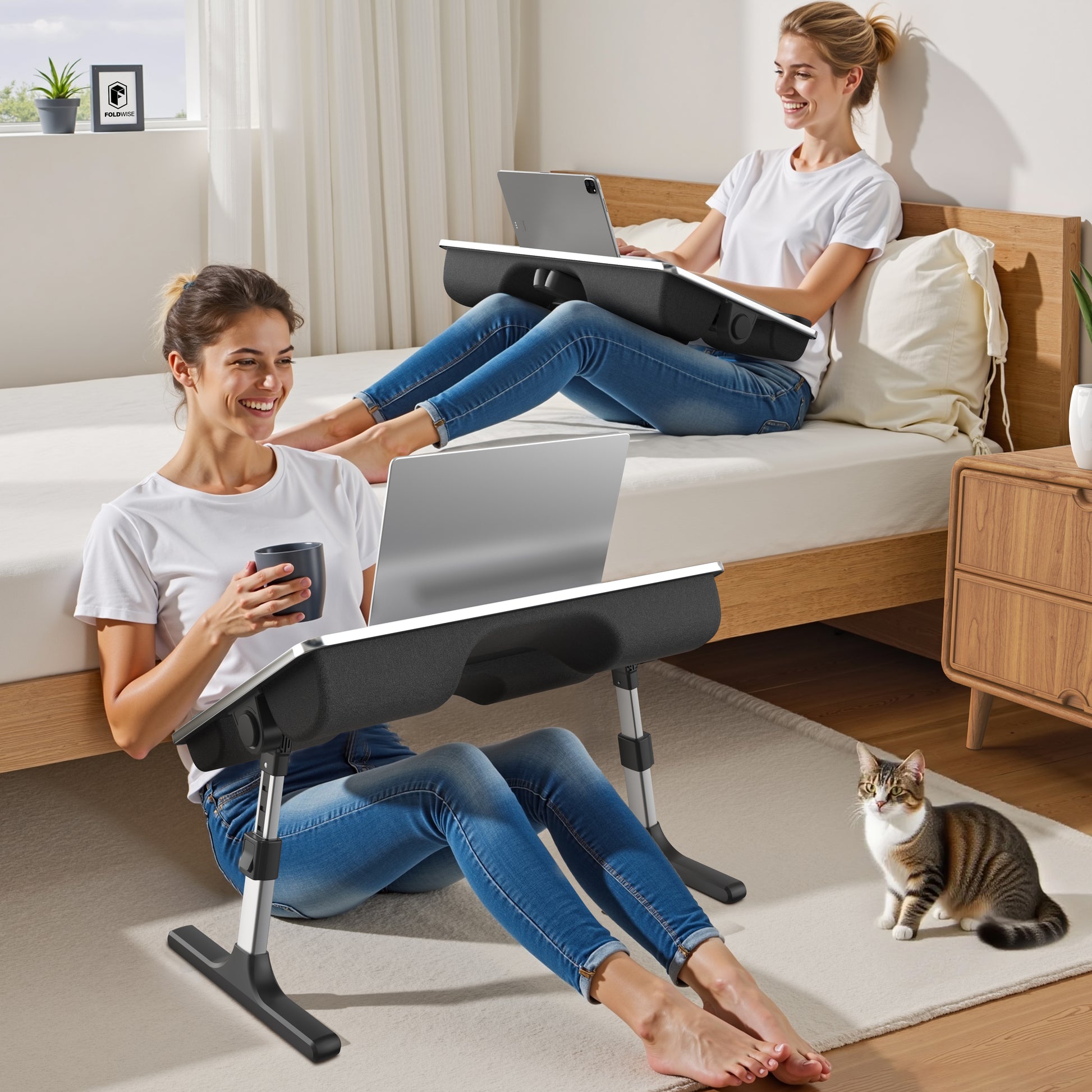 Non-slip leather surface on FoldWise lap desk with wrist rest