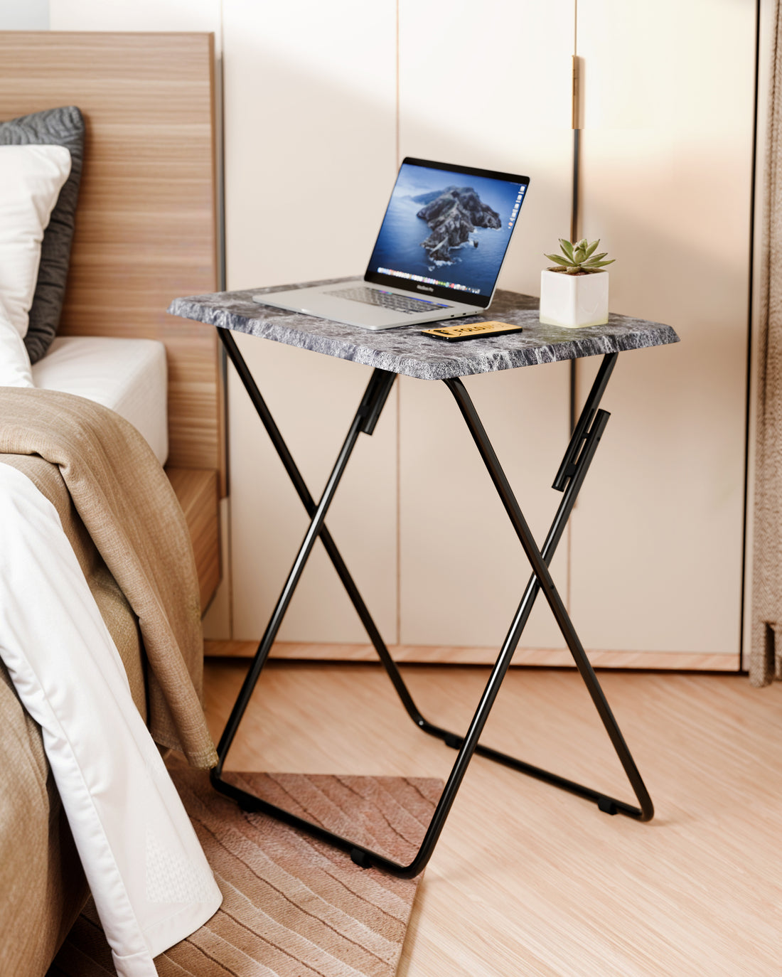 FoldWise marble-effect folding side table – black