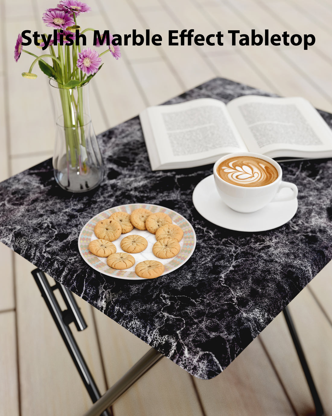 FoldWise marble-effect folding side table – black