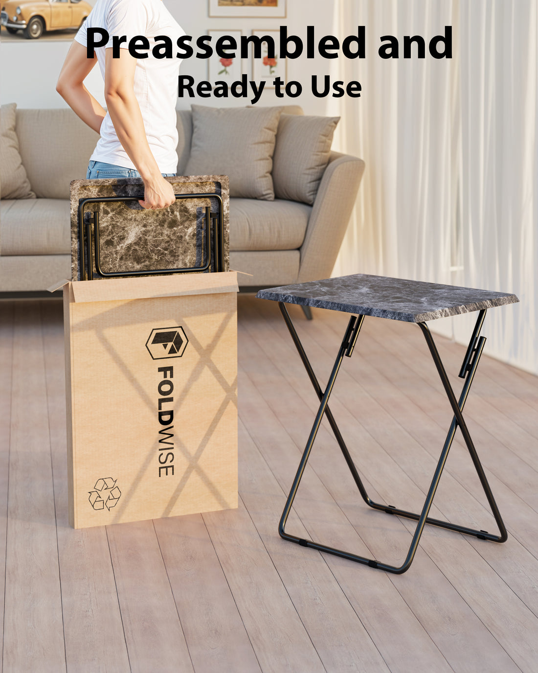 FoldWise marble-effect folding side table – black