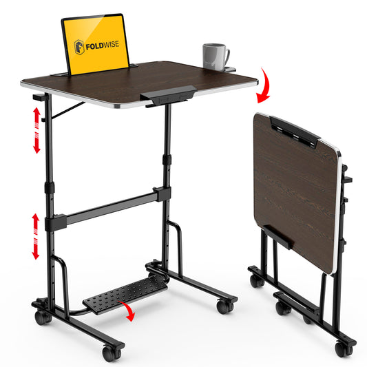 FoldWise Foldable Rolling Standing Desk — Height & Angle Adjustable Mobile Workstation with Wheels | Footrest, Cup Holder & iPad Holder | Portable, Sturdy, Space-Saving